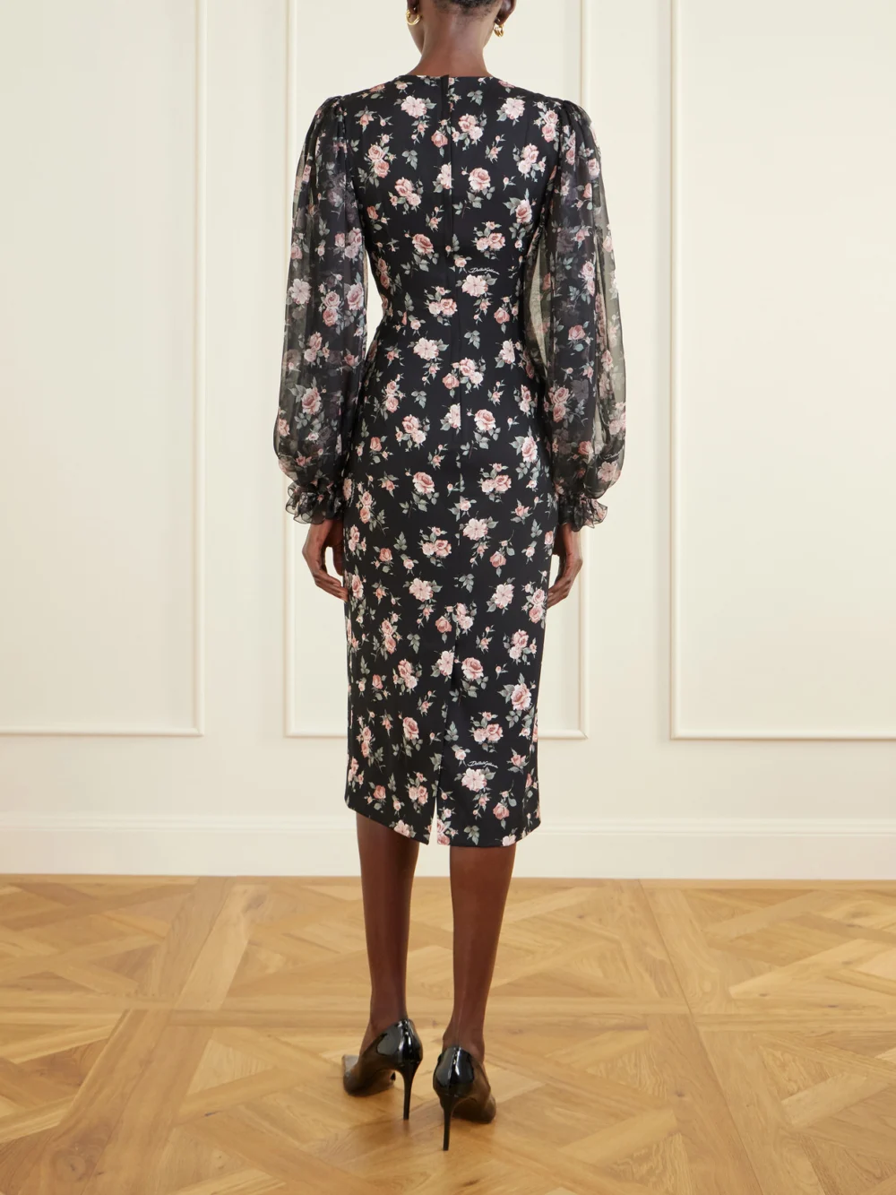 Back view of the Dolce & Gabbana Floral-print Silk-blend Satin and Chiffon Dress