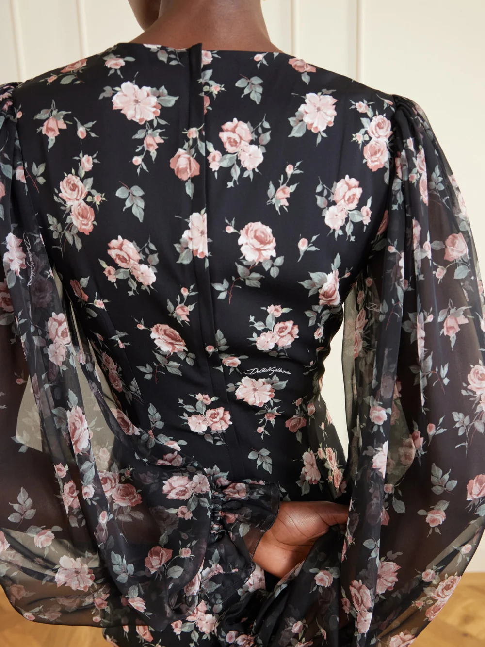 Close-up detail of the Dolce & Gabbana Floral-print Silk-blend Satin and Chiffon Dress