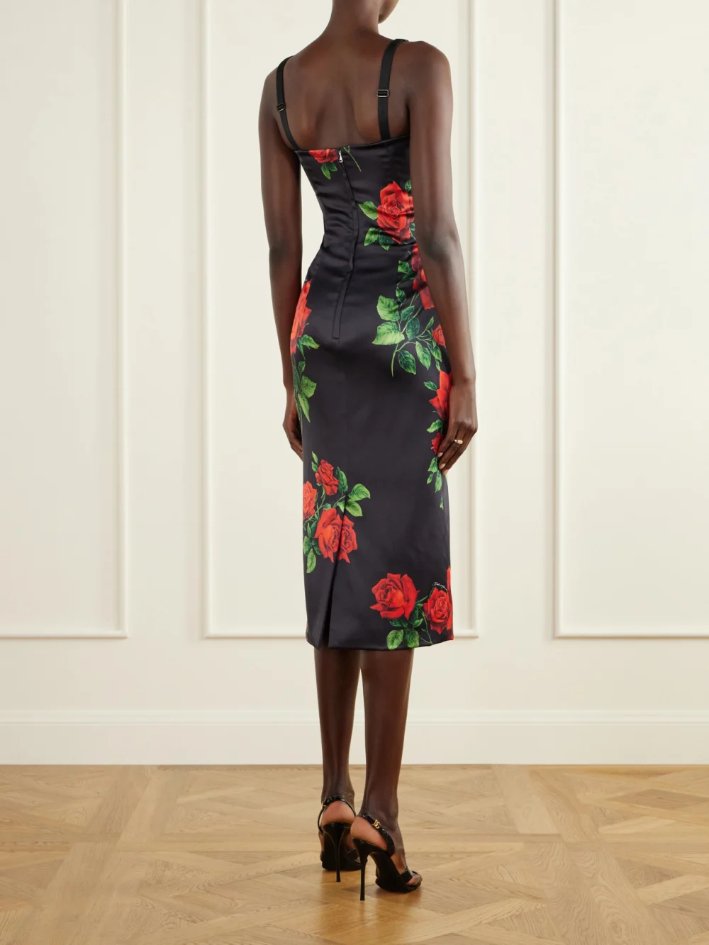 Back view of the Dolce & Gabbana Floral-print Silk-blend Satin Bustier Midi Dress