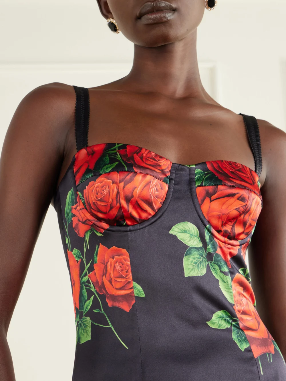 Close-up detail of the Dolce & Gabbana Floral-print Silk-blend Satin Bustier Midi Dress