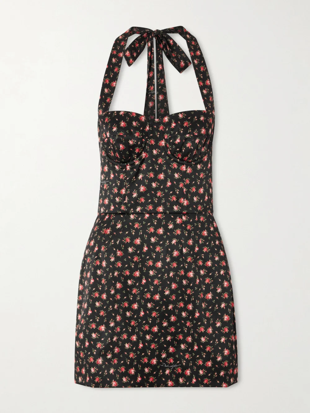 Dolce & Gabbana Floral-print Silk-blend Satin Halterneck Mini Dress in black