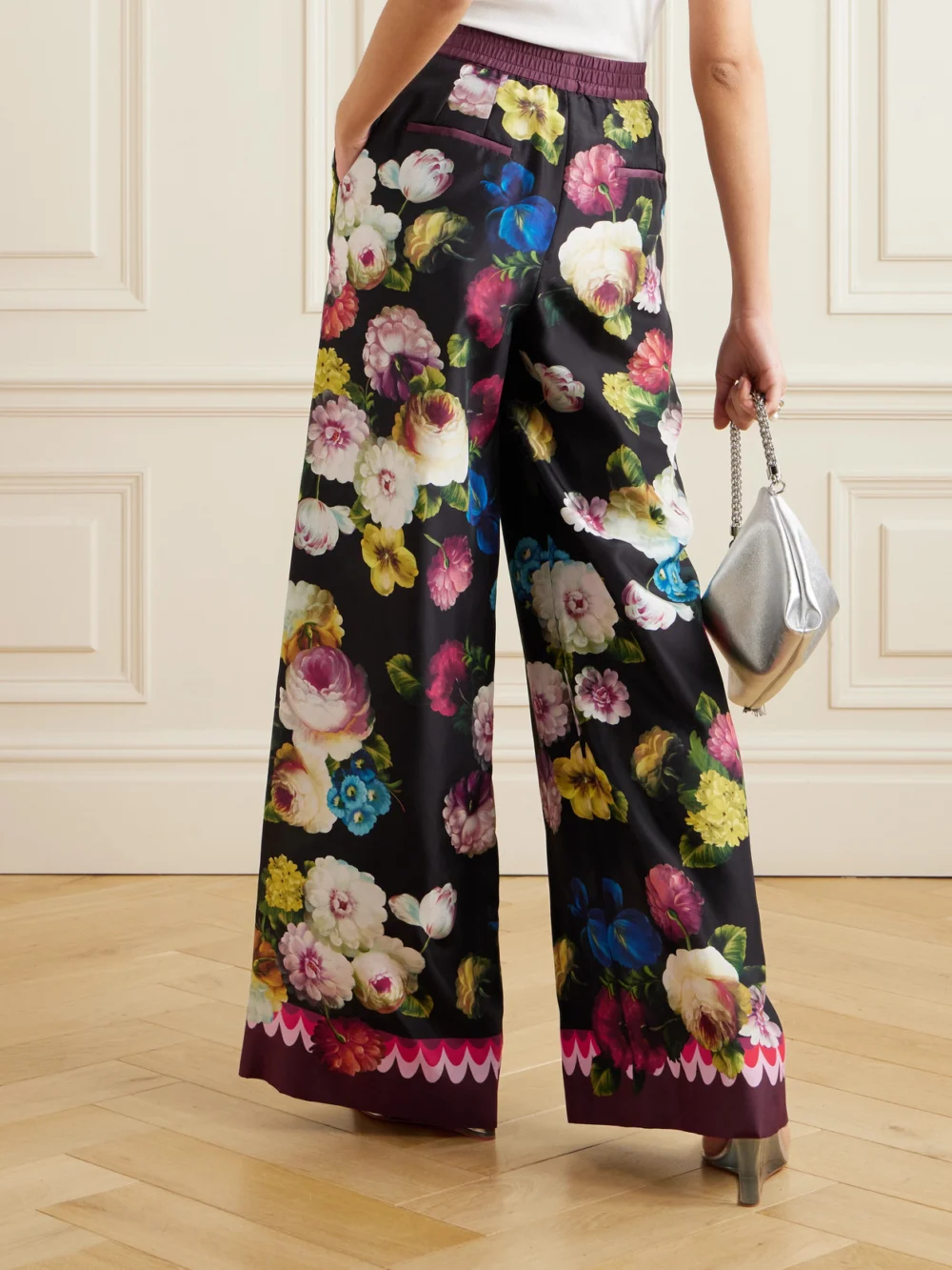 Back view of the Dolce & Gabbana Floral-print Silk-twill Wide-leg Pants