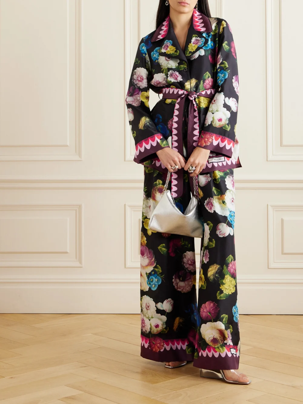 Dolce & Gabbana Floral-print Silk-twill Wide-leg Pants, worn by a model