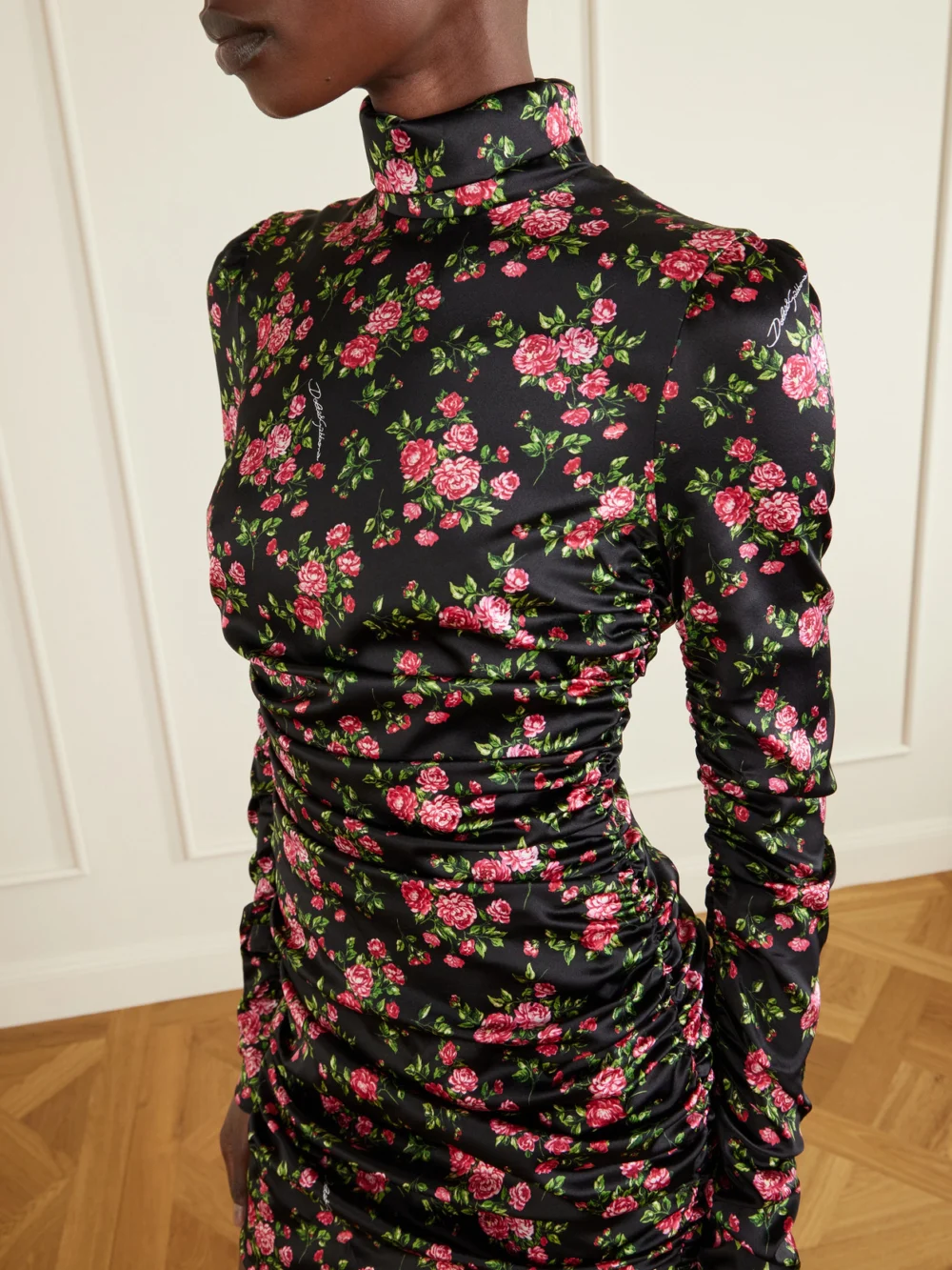 Close-up detail of the Dolce & Gabbana Floral-print Stretch Silk-blend Satin Mini Dress