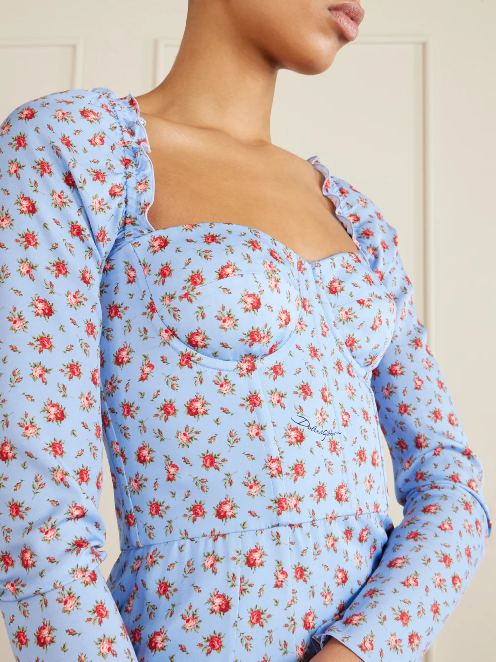 Close-up detail of the Dolce & Gabbana Floral-print Stretch-silk Mini Dress