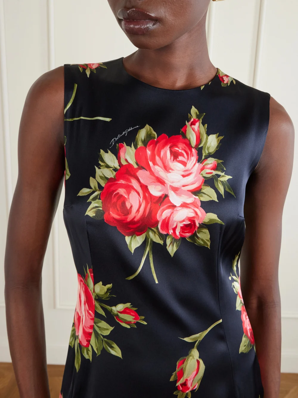 Close-up detail of the Dolce & Gabbana Florlal-print Satin Midi Dress