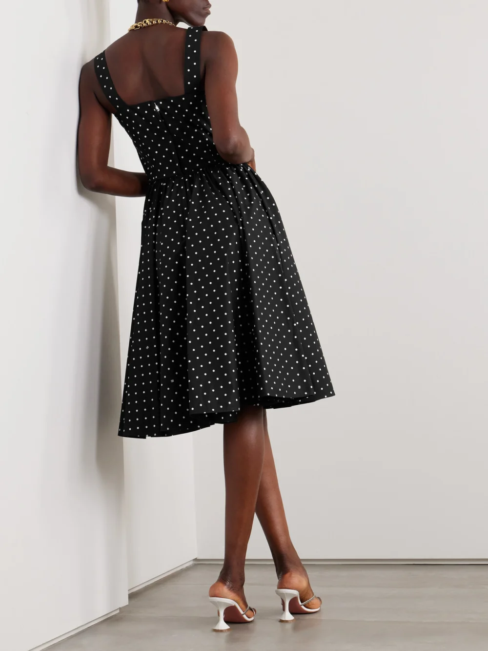 Back view of the Dolce & Gabbana Gathered Polka-dot Cotton-poplin Midi Dress