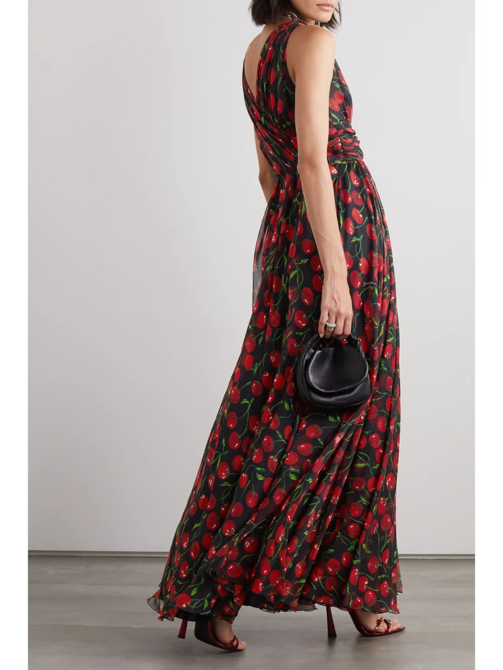 Back view of the Dolce & Gabbana Gathered Printed Silk-blend Chiffon Maxi Dress