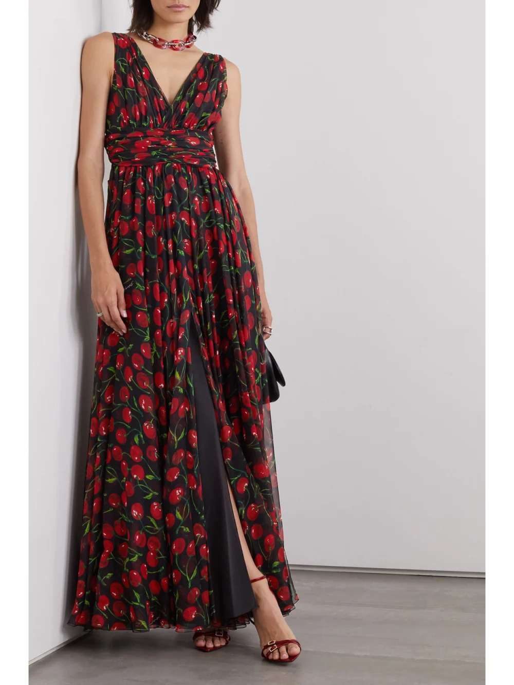 Dolce & Gabbana Gathered Printed Silk-blend Chiffon Maxi Dress, worn by a model