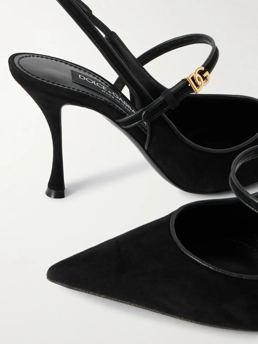 Close-up detail of the Dolce & Gabbana Italian Tailoring Leather-trimmed Suede Slingback Pumps
