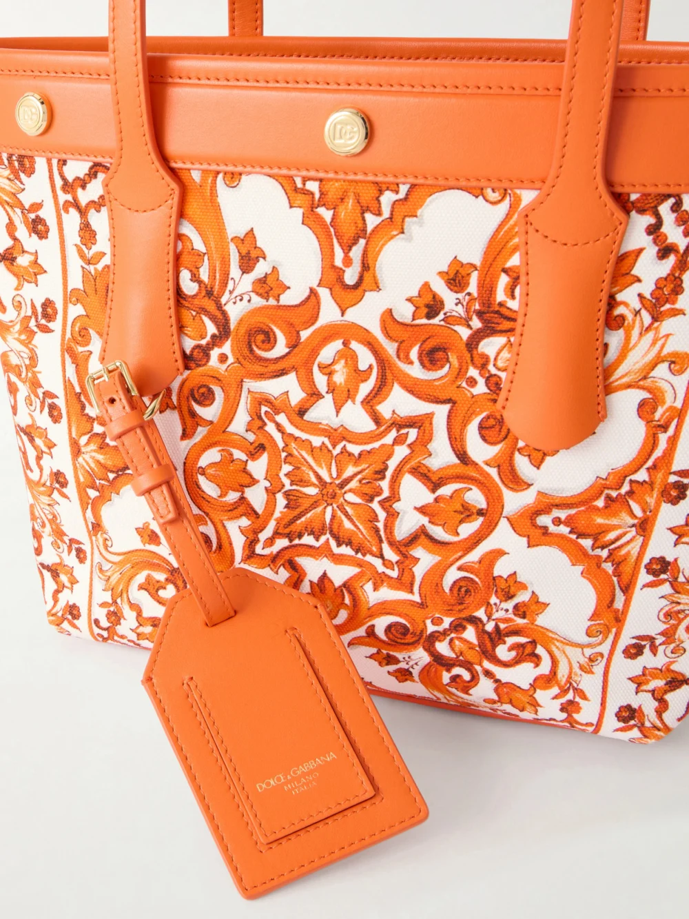 Close-up detail of the Dolce & Gabbana Kendra Printed Logo-embellished Leather-trimmed Canvas Shoulder Bag