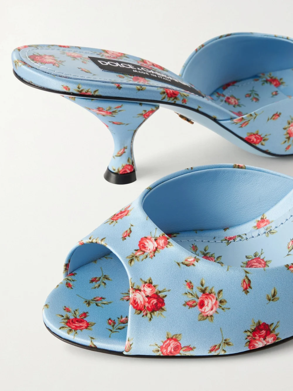 Close-up detail of the Dolce & Gabbana Kiera Floral-print Satin Mules