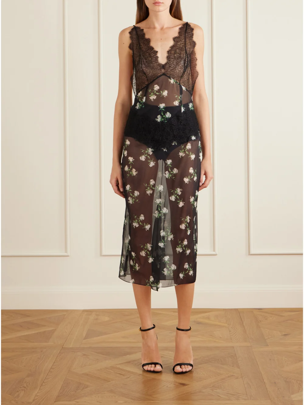 Dolce & Gabbana Lace-trimmed Floral-print Chiffon Midi Dress, worn by a model