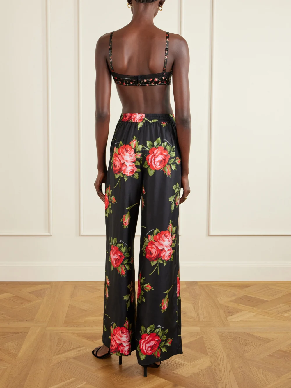 Back view of the Dolce & Gabbana Lace-trimmed Floral-print Satin Bralette Top