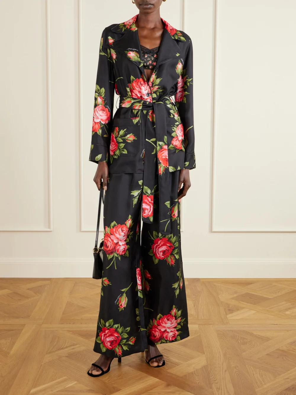 Dolce & Gabbana Lace-trimmed Floral-print Satin Bralette Top, worn by a model