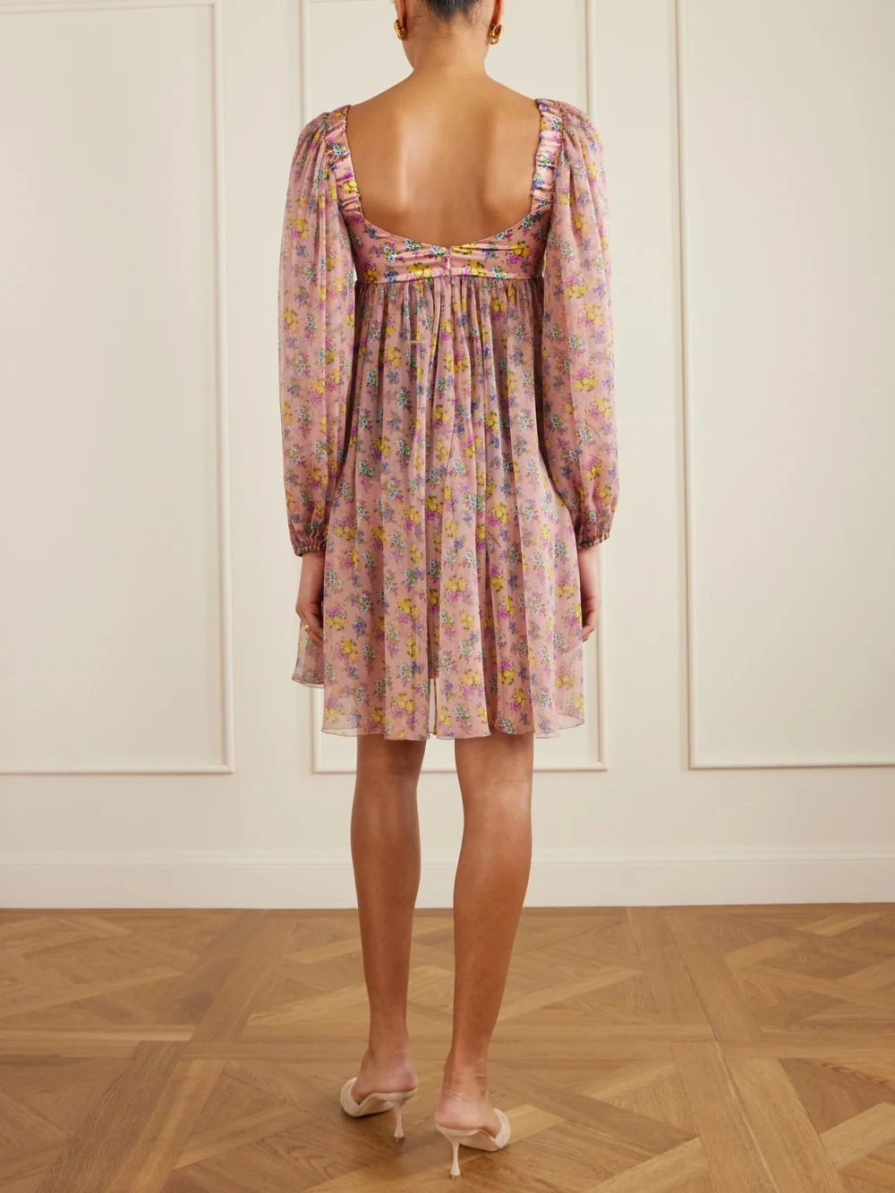 Back view of the Dolce & Gabbana Lace-trimmed Floral-print Silk-blend Satin and Chiffon Mini Dress