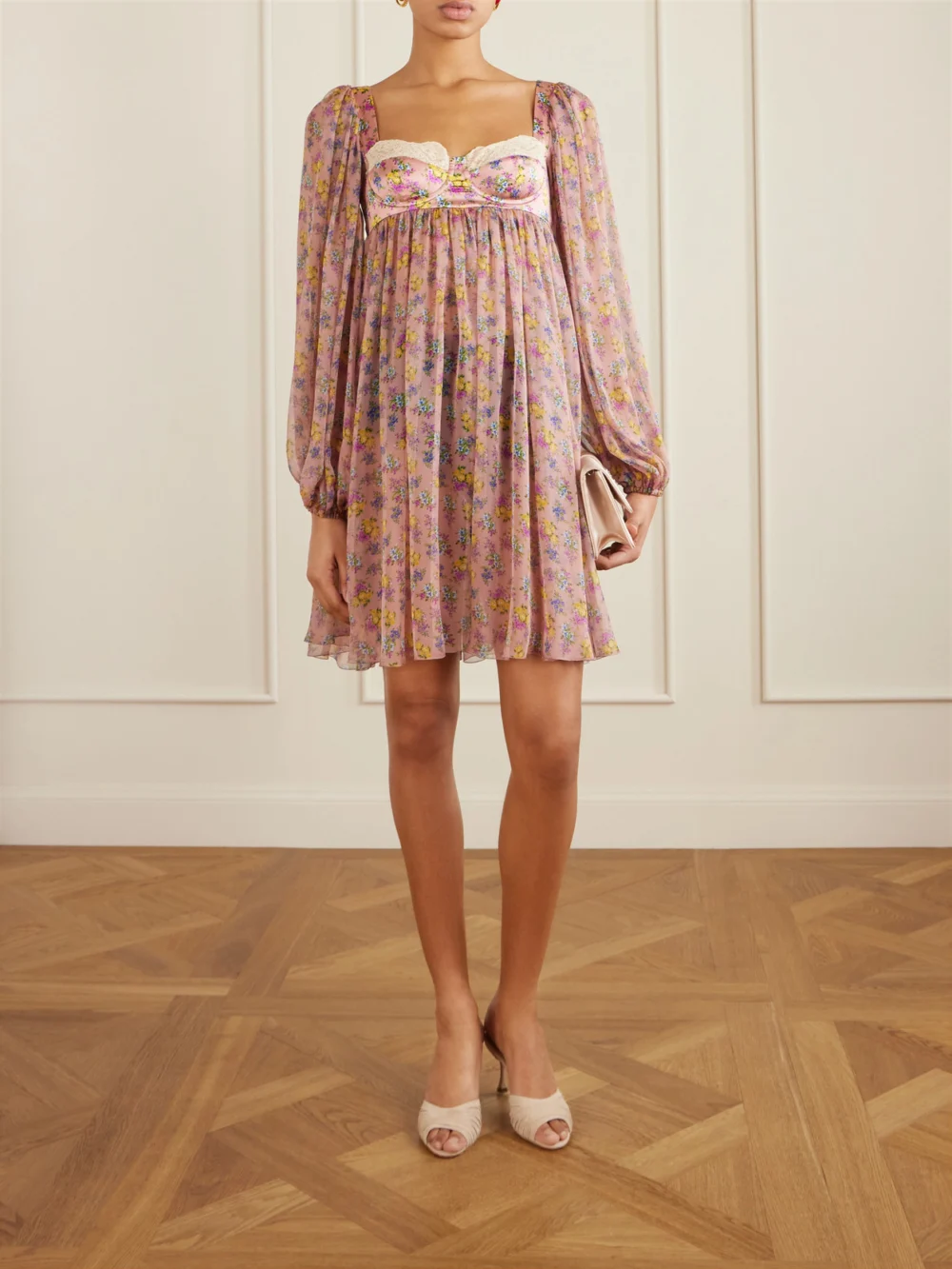 Dolce & Gabbana Lace-trimmed Floral-print Silk-blend Satin and Chiffon Mini Dress, worn by a model