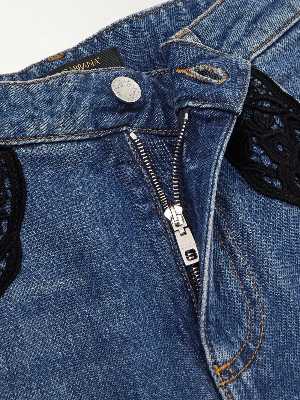Close-up detail of the Dolce & Gabbana Lace-trimmed Mid-rise Straight-leg Jeans