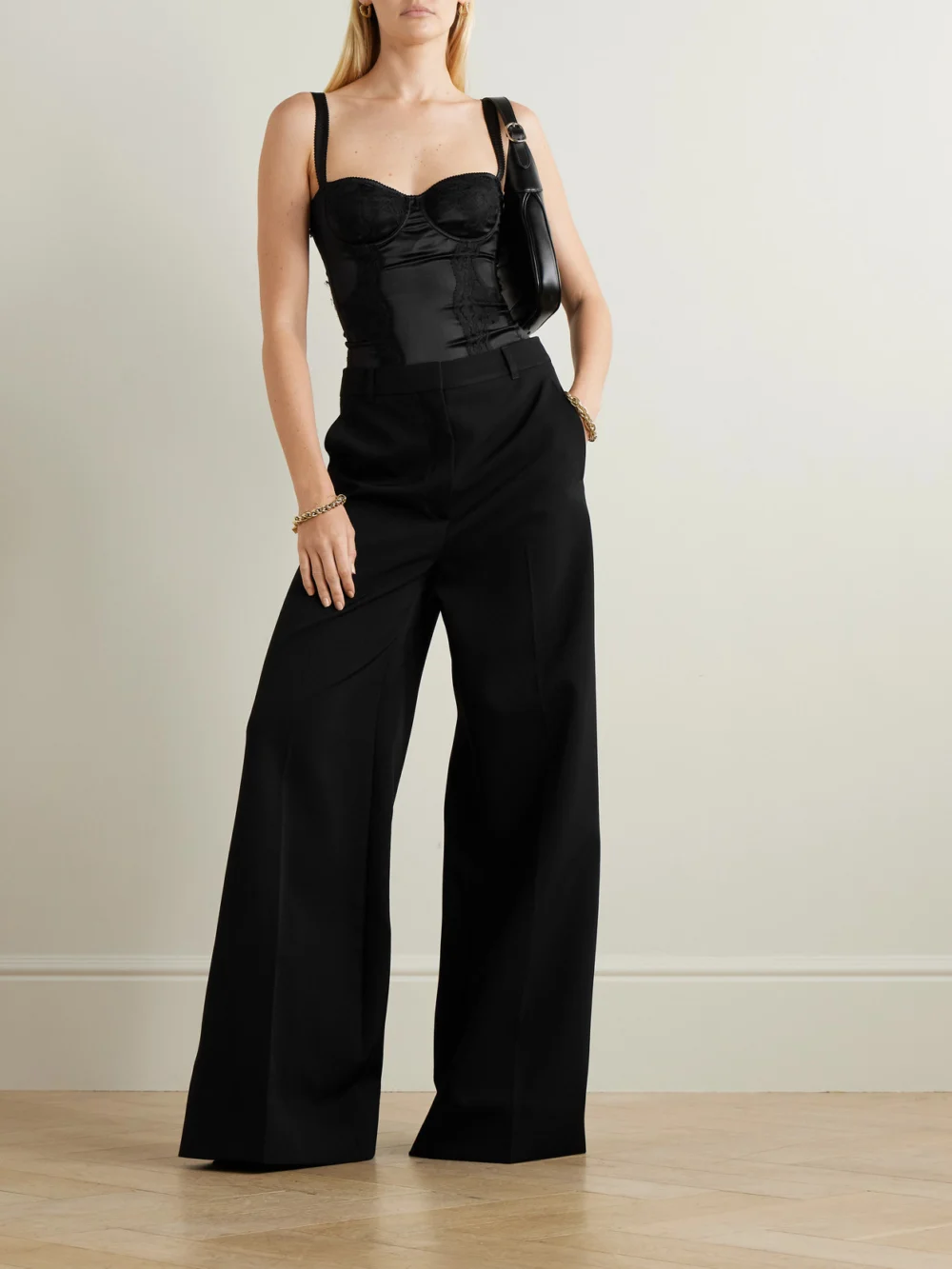Dolce & Gabbana Lace-trimmed Silk-blend Satin Bodysuit, worn by a model