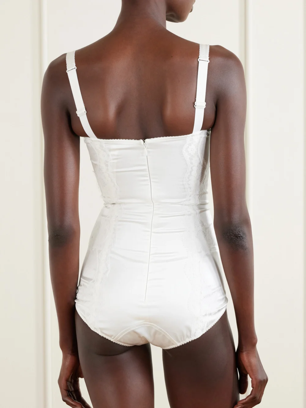 Back view of the Dolce & Gabbana Lace-trimmed Silk-blend Satin Bodysuit