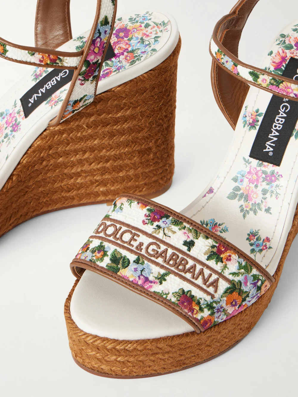 Close-up detail of the Dolce & Gabbana Leather-trimmed Embroidered Canvas Platform Wedge Sandals