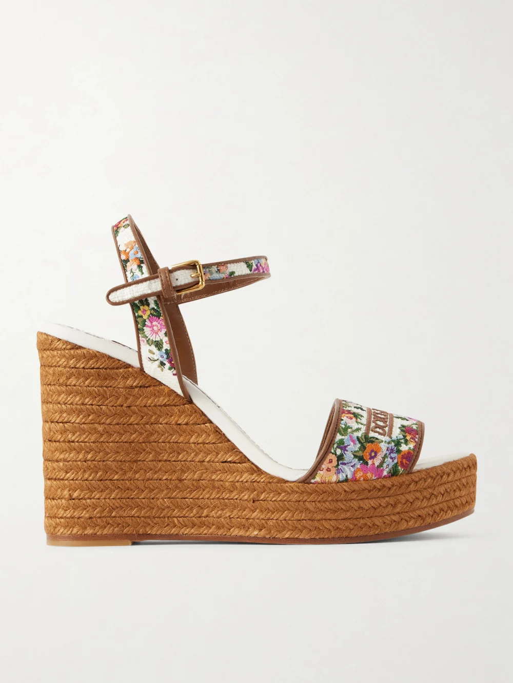 Dolce & Gabbana Leather-trimmed Embroidered Canvas Platform Wedge Sandals in cream