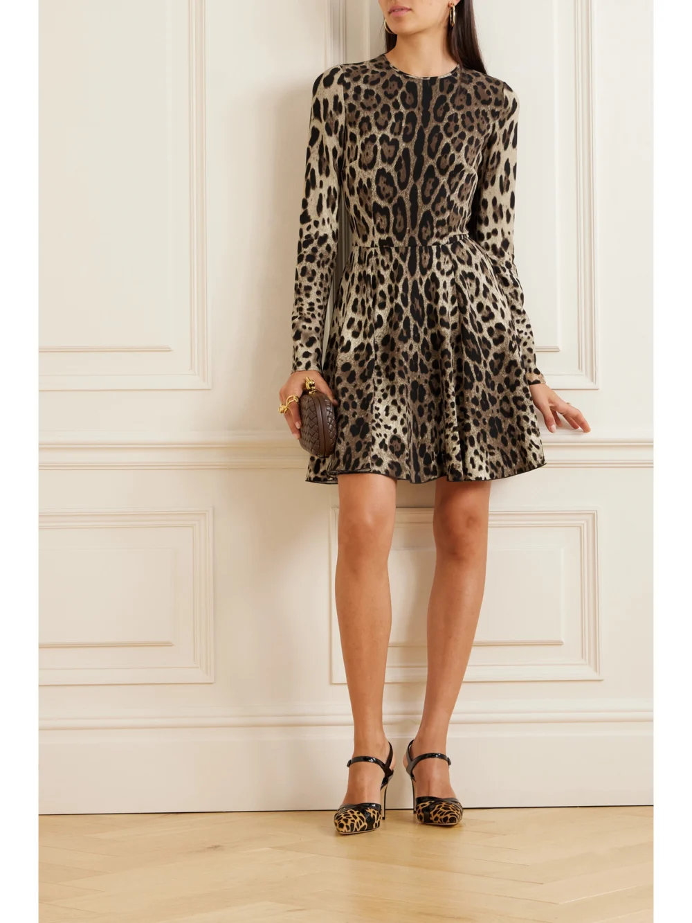 Dolce & Gabbana Leopard-print Stretch-satin Mini Dress, worn by a model
