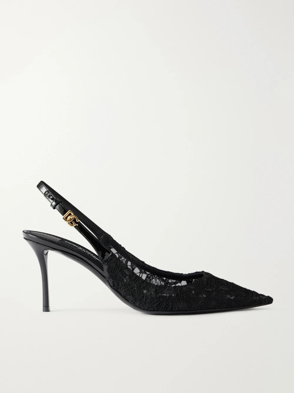 Dolce & Gabbana Logo-detailed Patent Leather-trimmed Lace Slingback Pumps in black