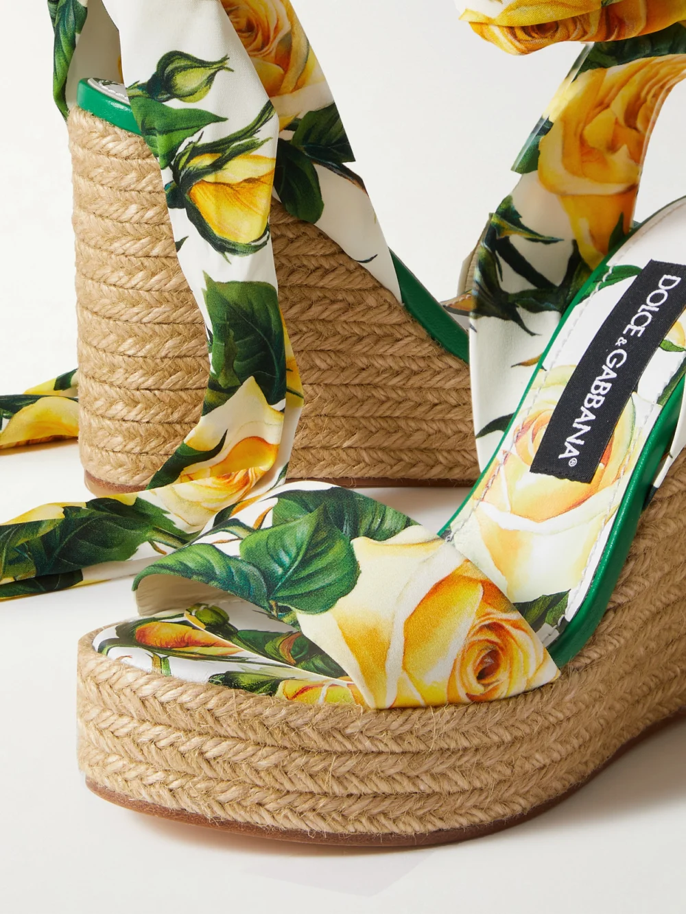 Close-up detail of the Dolce & Gabbana Lolita Floral-print Stretch-silk Espadrille Wedge Sandals