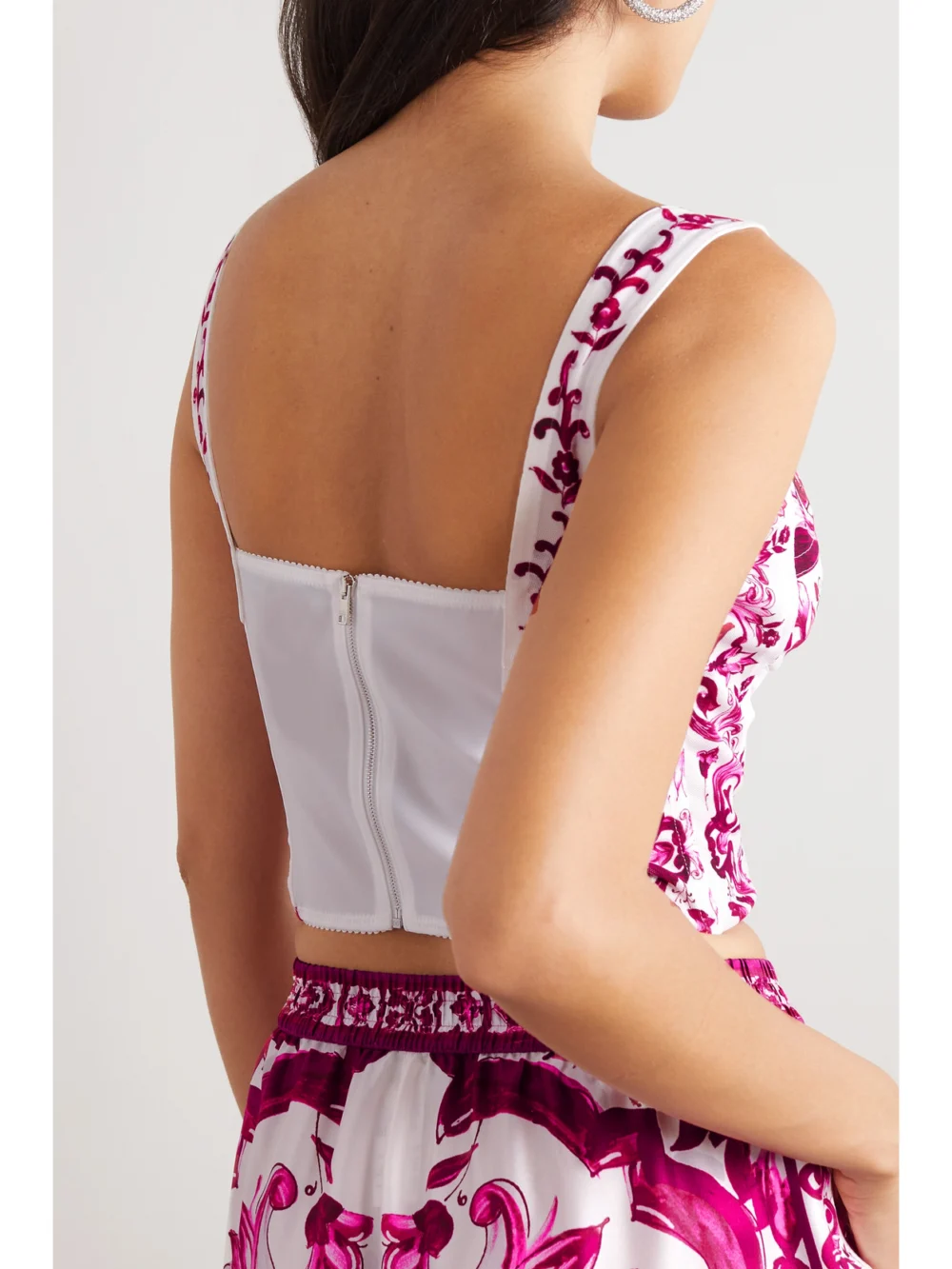 Back view of the Dolce & Gabbana Maiolica Floral-print Mesh Bustier Top