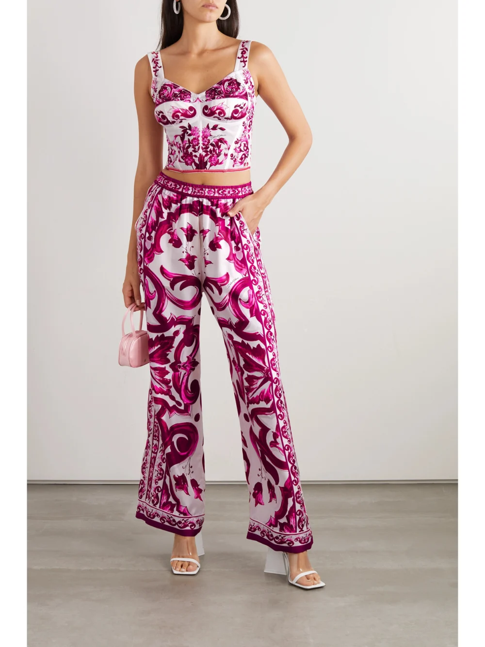 Dolce & Gabbana Maiolica Floral-print Mesh Bustier Top, worn by a model