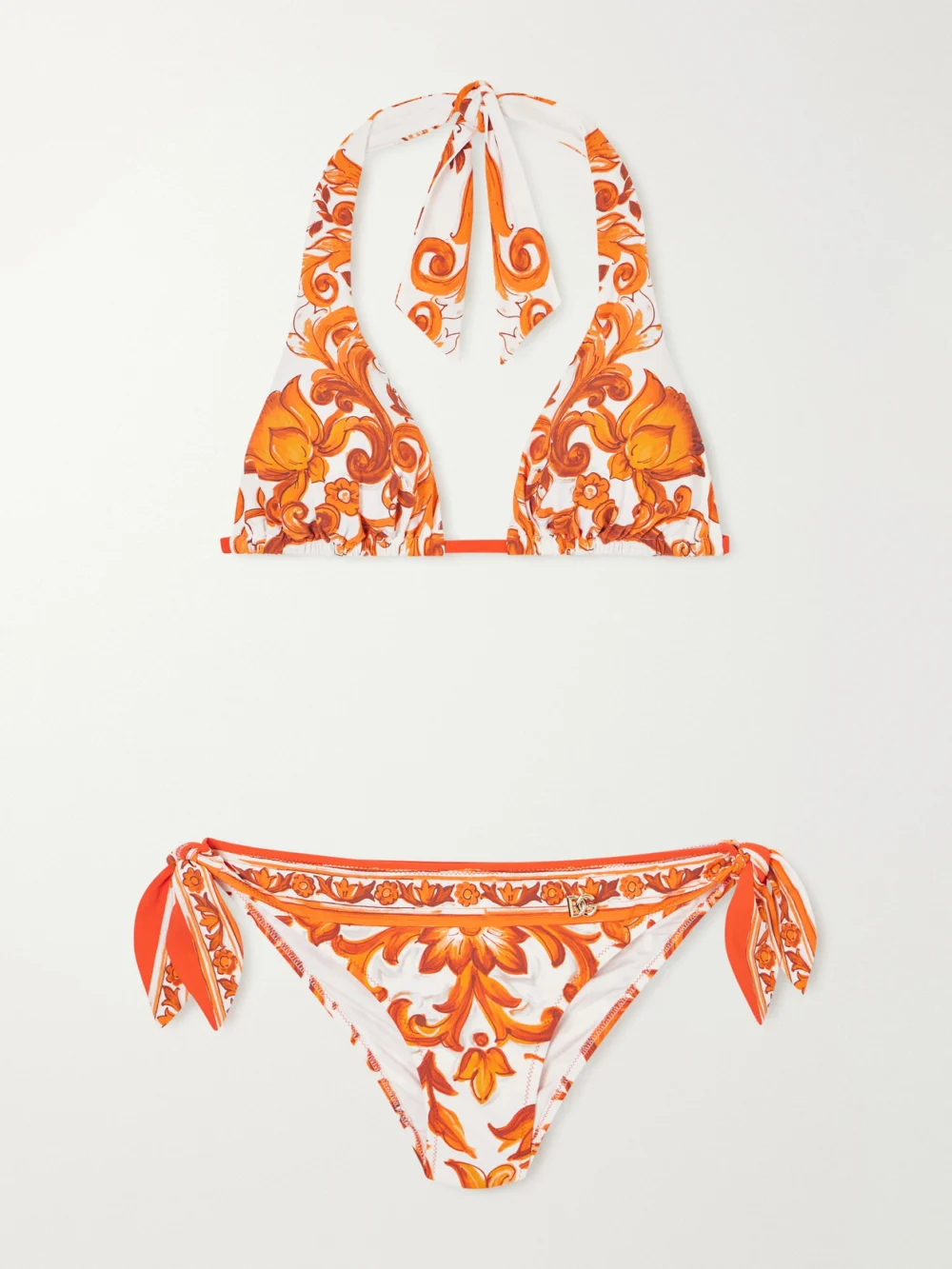 Dolce & Gabbana Maiolica Knotted Printed Halterneck Bikini in orange