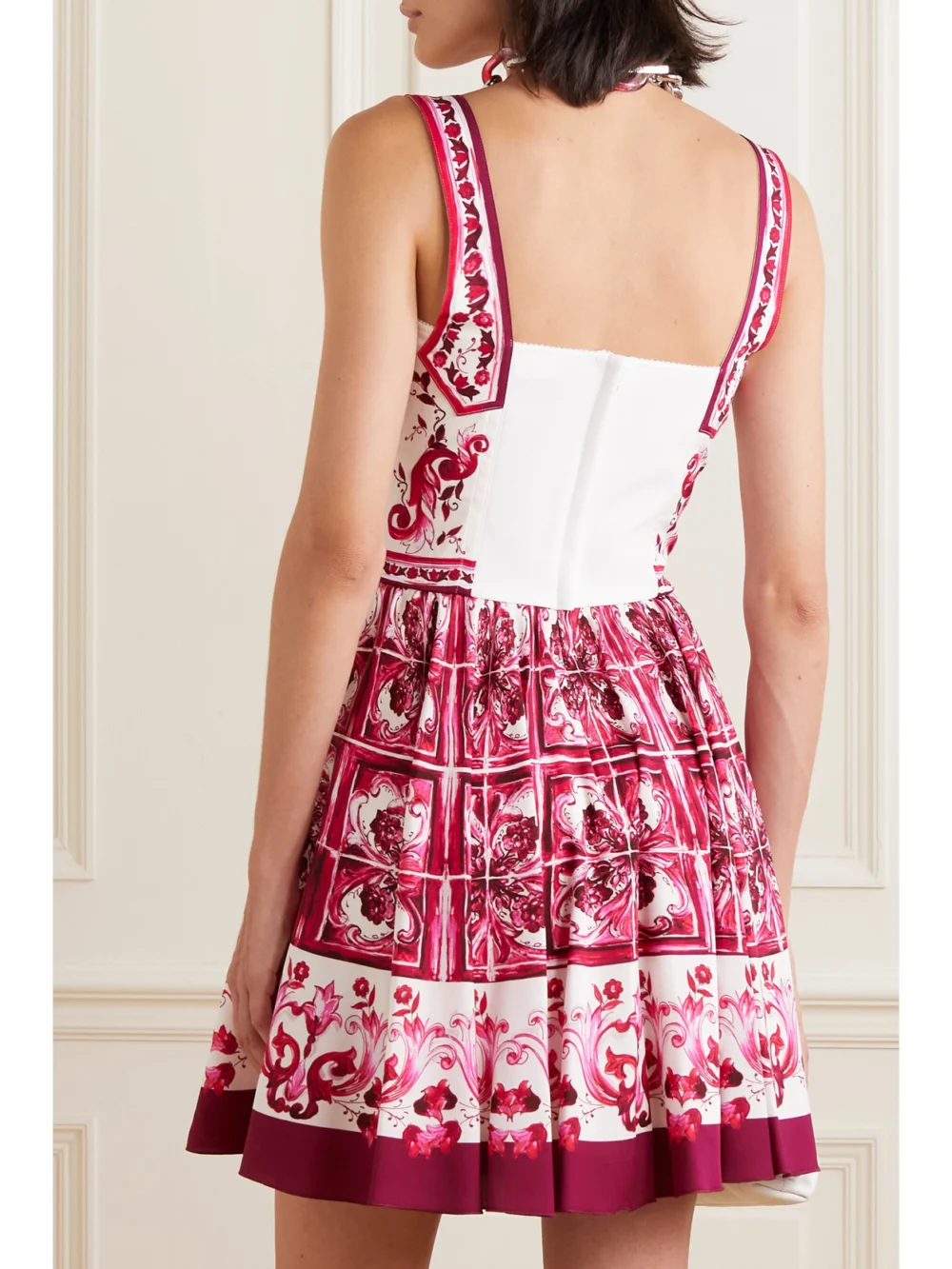 Back view of the Dolce & Gabbana Maiolica Pleated Printed Stretch Silk-blend Mini Dress