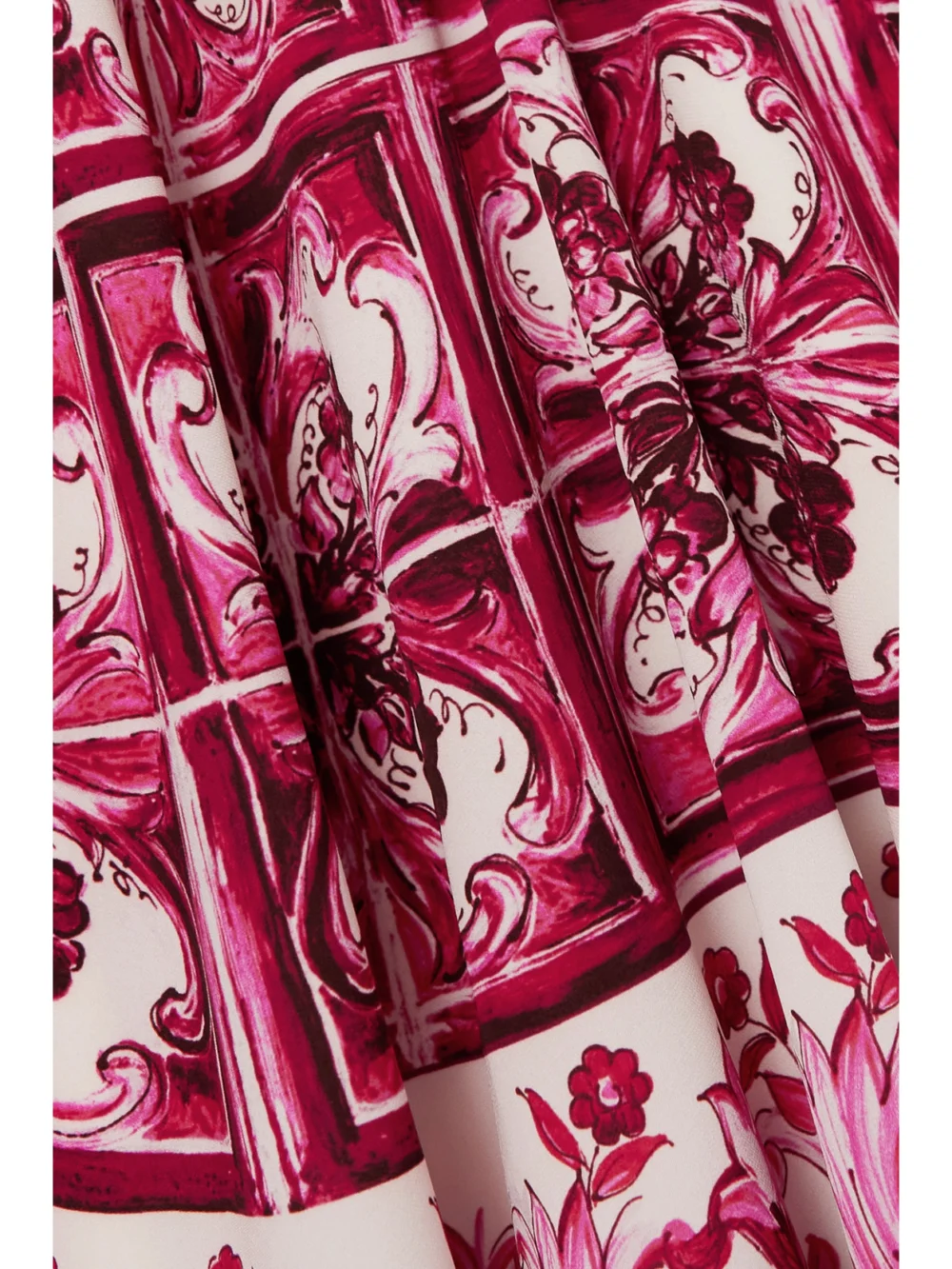 Close-up detail of the Dolce & Gabbana Maiolica Pleated Printed Stretch Silk-blend Mini Dress