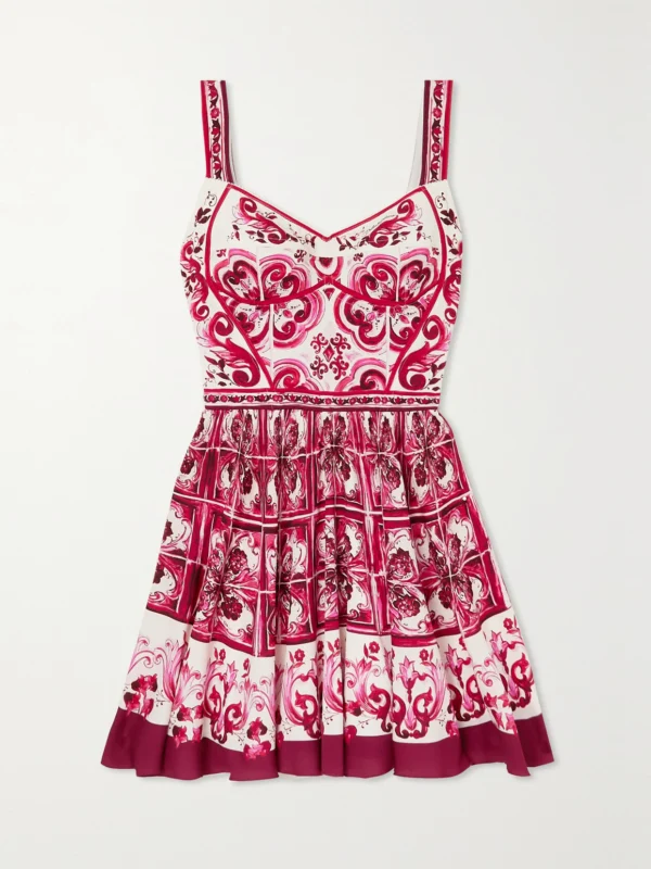 Dolce & Gabbana Maiolica Pleated Printed Stretch Silk-blend Mini Dress
