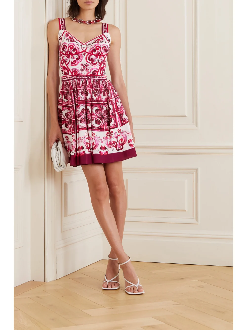Dolce & Gabbana Maiolica Pleated Printed Stretch Silk-blend Mini Dress, worn by a model