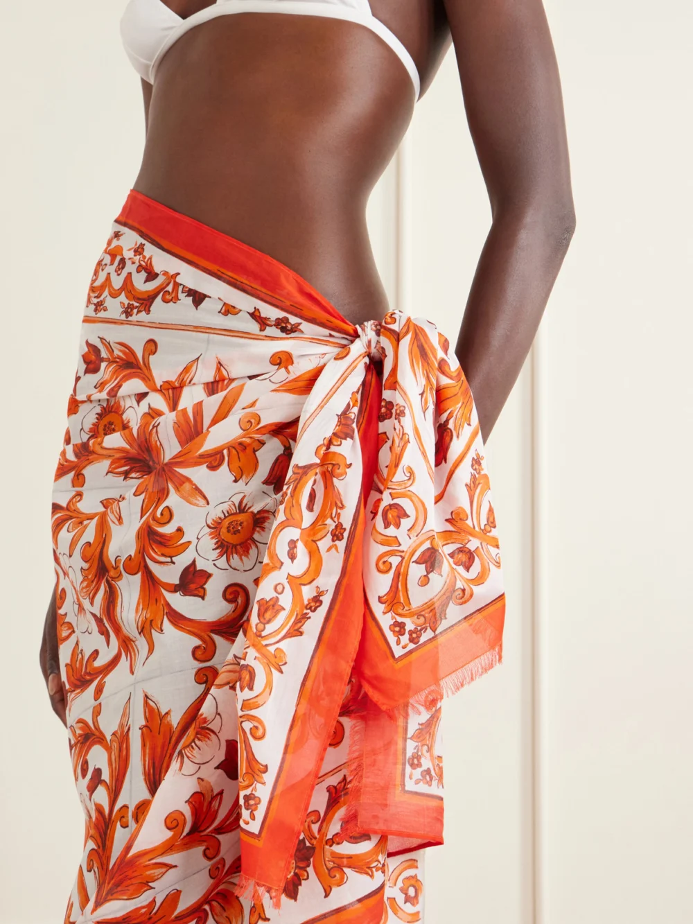 Close-up detail of the Dolce & Gabbana Maiolica Printed Cotton Pareo