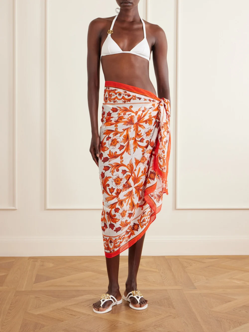 Dolce & Gabbana Maiolica Printed Cotton Pareo, worn by a model