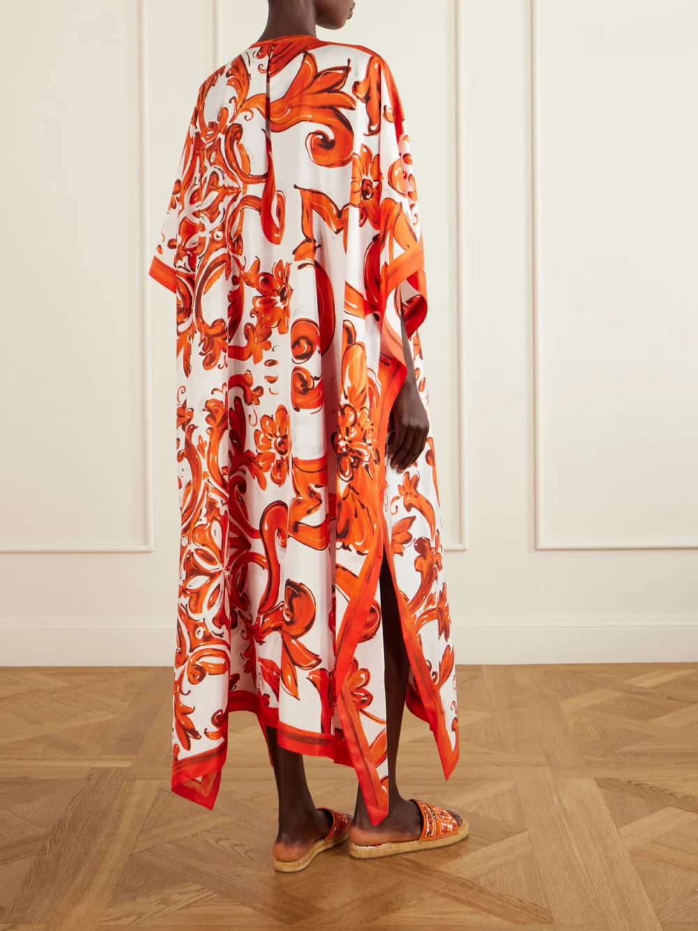 Back view of the Dolce & Gabbana Maiolica Printed Silk Maxi Dress