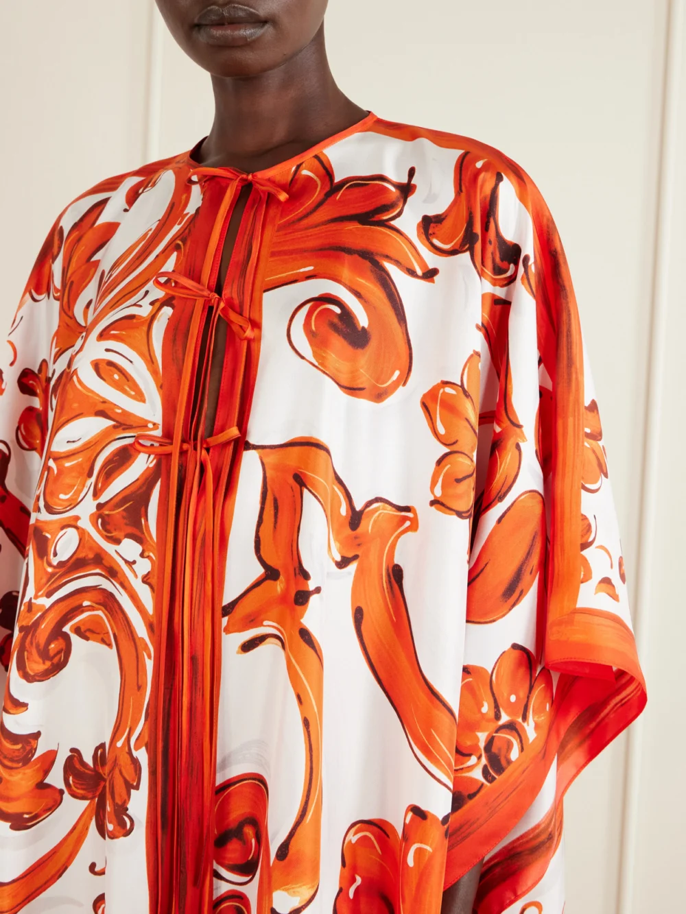 Close-up detail of the Dolce & Gabbana Maiolica Printed Silk Maxi Dress