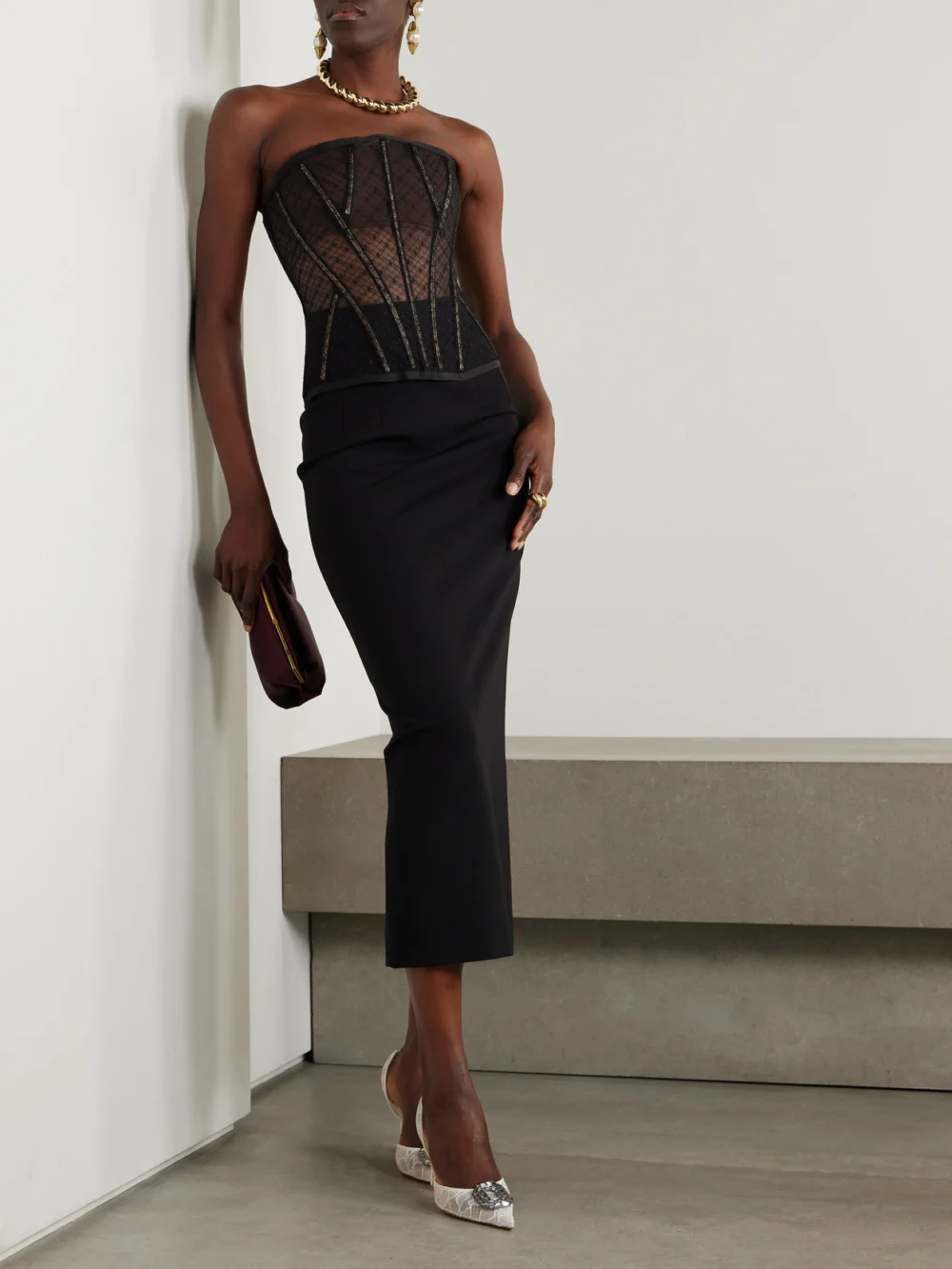 Dolce & Gabbana Metallic Point D'esprit Bustier Top, worn by a model