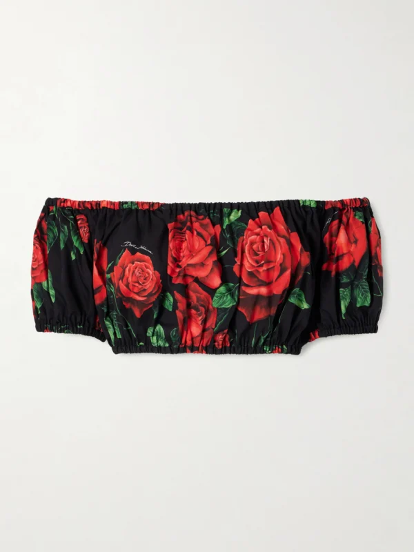 Dolce & Gabbana Off-the-shoulder Cropped Floral-print Cotton-poplin Top