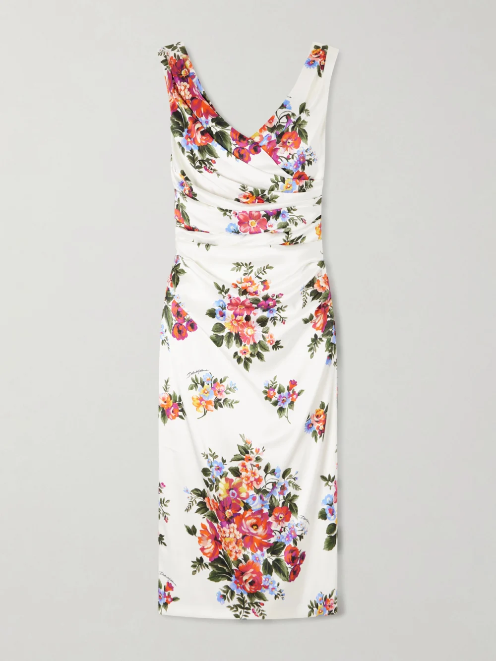 Dolce & Gabbana Off-the-shoulder Floral-print Satin Midi Dress in white