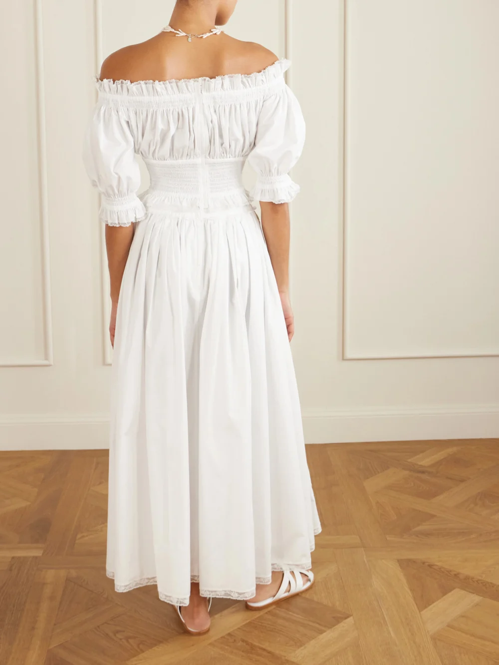 Back view of the Dolce & Gabbana Off-the-shoulder Lace-trimmed Shirred Cotton-blend Poplin Top
