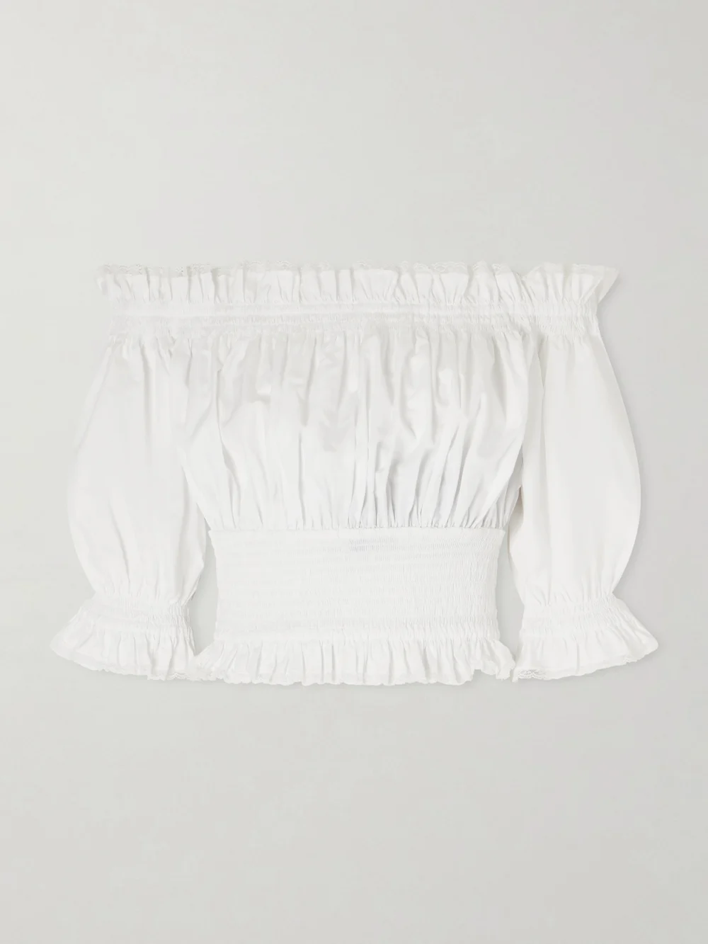 Dolce & Gabbana Off-the-shoulder Lace-trimmed Shirred Cotton-blend Poplin Top in white