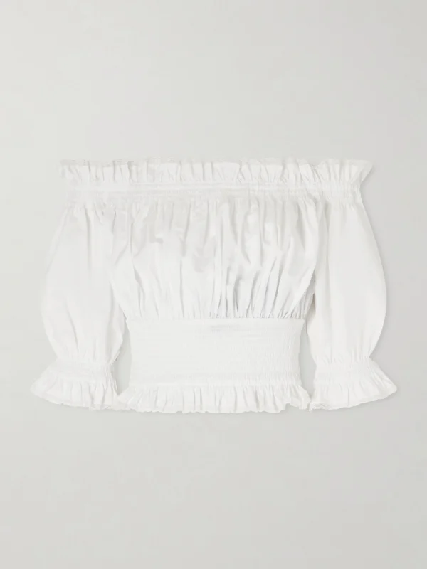 Dolce & Gabbana Off-the-shoulder Lace-trimmed Shirred Cotton-blend Poplin Top