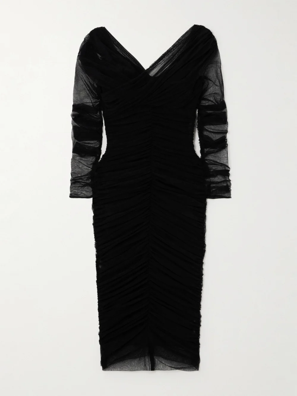 Dolce & Gabbana Off-the-shoulder Ruched Stretch Cotton-blend Tulle Midi Dress in black