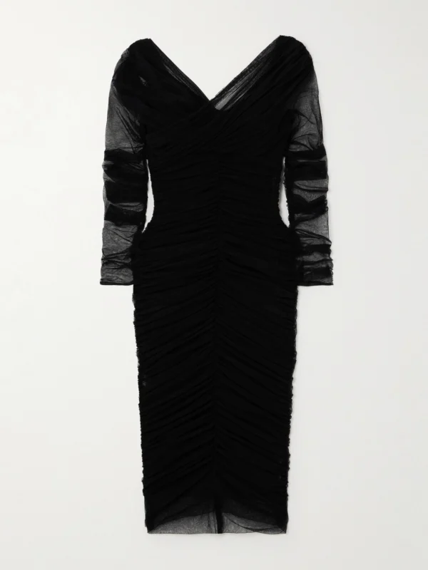 Dolce & Gabbana Off-the-shoulder Ruched Stretch Cotton-blend Tulle Midi Dress
