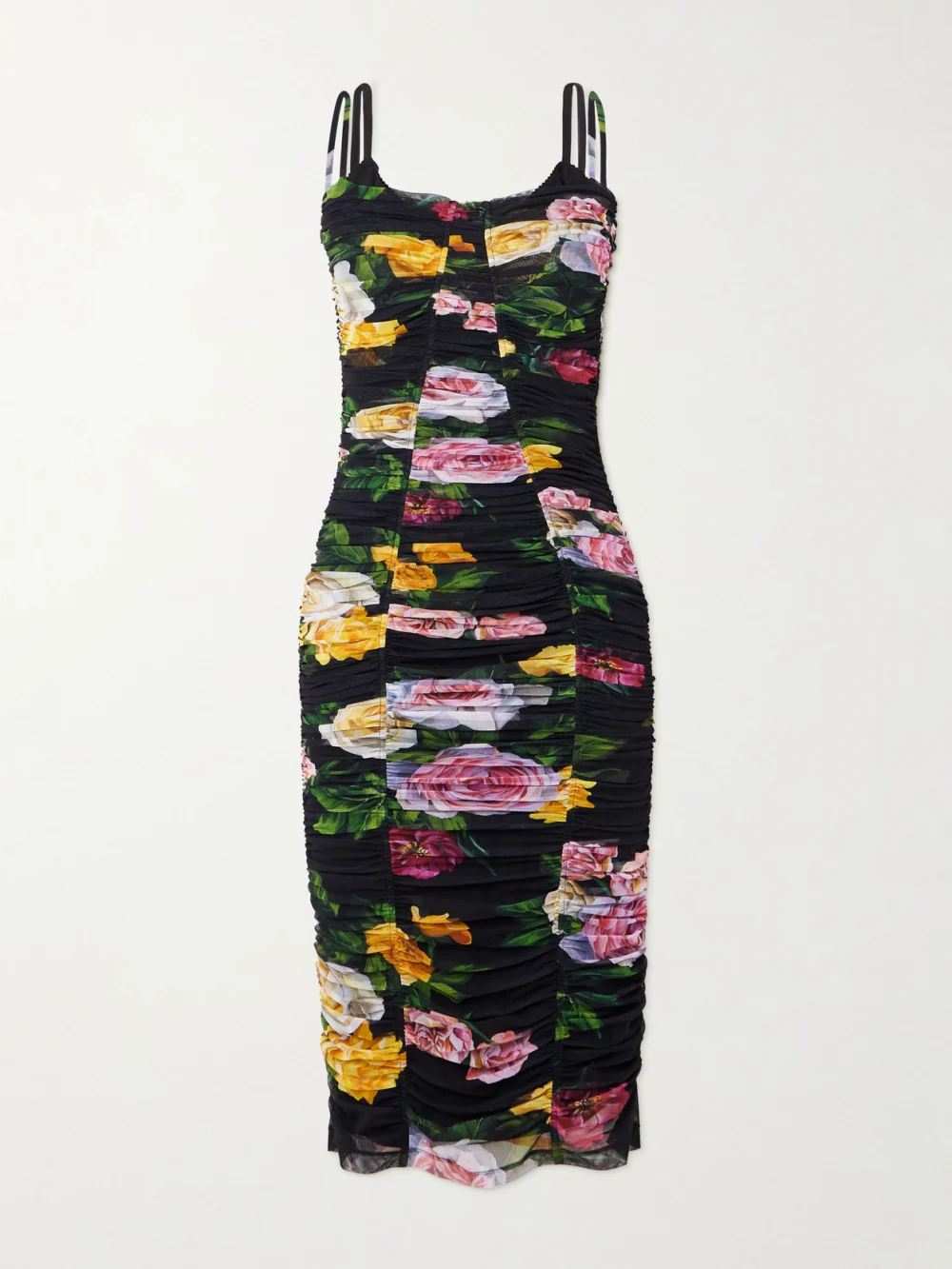 Dolce & Gabbana Paneled Ruched Floral-print Tulle Dress in black