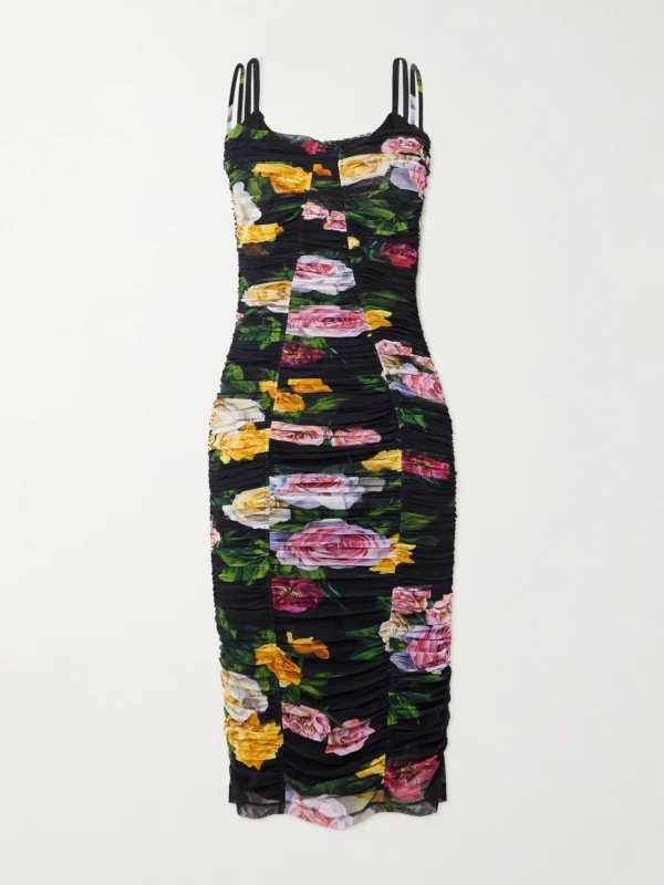 Dolce & Gabbana Paneled Ruched Floral-print Tulle Dress